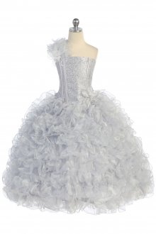 Silver Single Shoulder Princess Pageant Girl Ball Gown