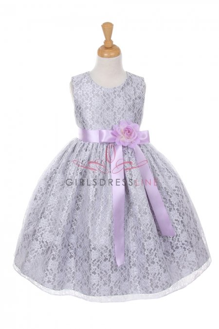 Silver/Lilac Elegant Lace Flower Girl Dress