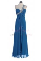 Teal Gorgouse Chiffon Rhinestone Beading One Shoulder Empire Waistline Ruffled Prom Gown
