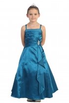 Teal Green Brilliant Satin Rufflel Detail A-line Flower Girl Dress with Sparkles