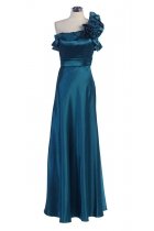 Teal Satin Rosette Detail on One Shoulder Frilled Neckline Long Bridesmaid Dress