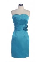 Teal Satin Strapless Pleated Roses Detail Short Bridesmaid & Prom Dress