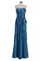 Teal Shiny Bridal Satin Strapless Bows & Ruffle Detail Long Brides Dress