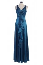Teal Shiny Bridal Satin V-neck Bows & Ruffle Detail A-line Long Brides Dress