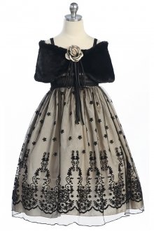Black Tulle Flower Girl Dress with Velvet Damask design