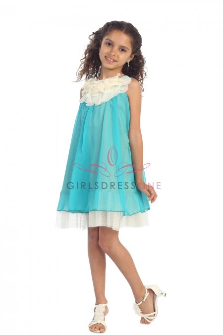 Turquoise Chiffon Short Flower Girl Dress with ruffled flower neckline