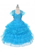 Turquoise Extravagent Organza Pageant Dress with Lace & Beads