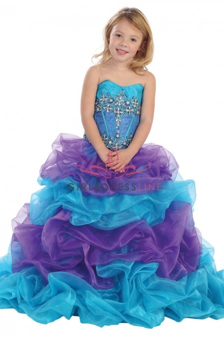 Turquoise Organza Strapless Beaded Pageant Dress