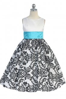 Turquoise Sashed White & Black Damask TaffetaGirl Dress Turquoise Sashed White & Black Damask TaffetaGirl Dress