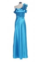 Turquoise Satin Rosette Detail on One Shoulder Frilled Neckline Long Bridesmaid Dress