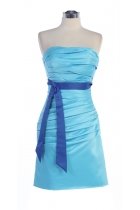 Turquoise Satin Strapless Pleated Wrapped Slim Fitted Short Bridesmaid & Prom Dress