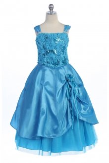 Turquoise Stunning Taffeta Flower Girl Dress with Sparkly Tulle Underlay Turquoise Stunning Taffeta Flower Girl Dress with Sparkly Tulle Underlay