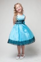 Turquoise/Black Satin Lace Flower Girl Dress
