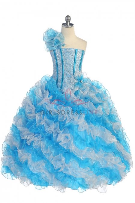 Turquoise/Silver Single Shoulder Princess Pageant Girl Ball Gown