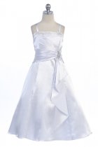White Brilliant Satin Rufflel Detail A-line Flower Girl Dress with Sparkles