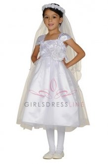 White Cap Sleeves Taffeta Flower Girl Dress B1121-WH