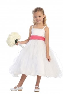 White Double Spaghetti Strap Satin Cascade Skirt Dress with Sash