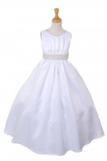 White Elegant Pearl Satin Flower Girl Dress