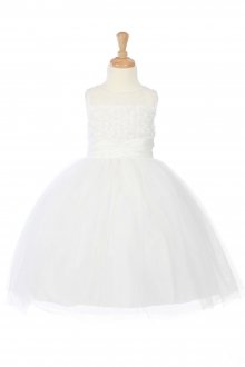 White Floral Trimed Bodice Tulle T-Length Stuning Dress