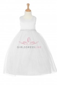 White Beaded Waistband Tulle Flower Girl Dress