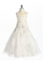 White Jeweled Bodice Ruffle Layered Organza Flower Girl Dress