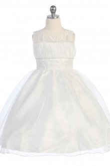 White Organza Sleeveless Flower Girl Dress with Floral Patterned Embroidery White Organza Sleeveless Flower Girl Dress with Floral Patterned Embroidery