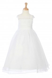 White Pearl Trim Empire Waist Organza Overlaid Full length Dress