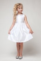 White Poly-satin Flower Girl Dress with Rhinestone Beading