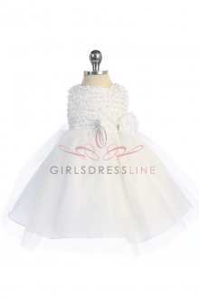 White Ribbon Trimed Texture Top Tulle Overlaid Flower Girl Dress