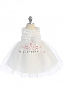 White Ribbon Trimmed Texture Style with Overlayed Tulle Flower Girl Dress White Ribbon Trimmed Texture Style with Overlayed Tulle Flower Girl Dress