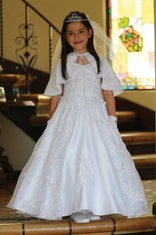 White Satin and Organza Embroidered Communion Dress MDR1434-WH