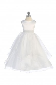 White Satin and Organza Layered Flower Girl Dress