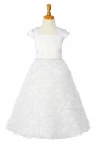 White Satin Bodice Rosette Skirt Cap Sleeve Flower Girl Dress