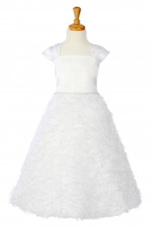 White Satin Bodice Rosette Skirt Cap Sleeve Flower Girl Dress