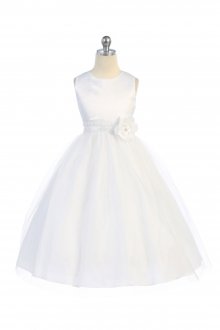 White Satin Bodice Tulle Skirt Flower Girl Dress