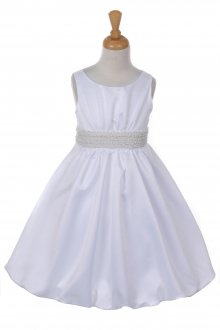 White Satin Bubble Pick Up Flower Girl Dress