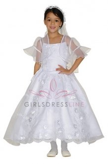 White Satin Embroidered Organza Flower Girl Dress B2900-WH