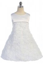 White Satin Sleeveless Empirewaist A-line Short Girl Dress with Rosebud Texture