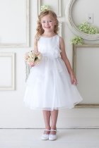 White Satin Top Organza Layered Flower Girl Dress