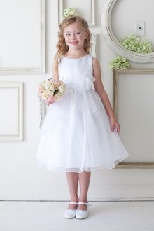White Satin Top Organza Layered Flower Girl Dress