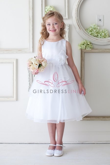 White Satin Top Organza Layered Flower Girl Dress