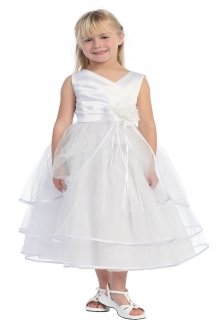White Satin & Tulle Multi Tiered Flower Girl Dress
