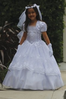 White Satin Tulle Overlay Embroidered Communion Dress MDR1436-WH