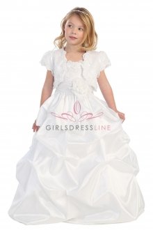White Sleeveless Embroidered Pick Up Taffeta Flower Girl Dress