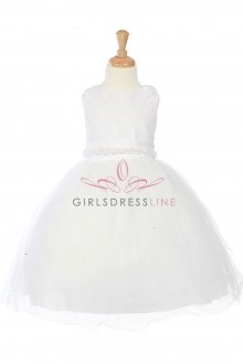 White Sleeveless Lace Bdice Tulle Dress with Rosetti Detail