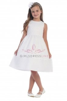 White Sleeveless Lattice Bodice with Pearls Flower Girl Dress