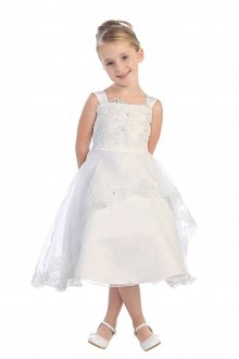White Sleeveless Organza Satin Embroidered Dress