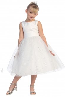 White Sleeveless Satin Bodice Tull Skirt with Sparkles