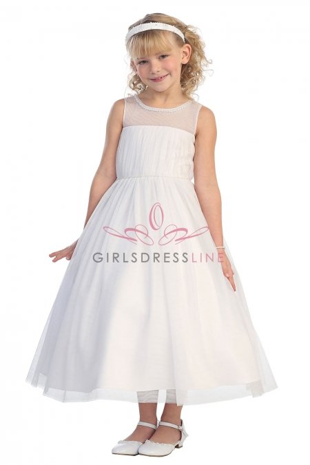 White Sleeveless Tulle Overlaid Girl Dress White Sleeveless Tulle Overlaid Girl Dress