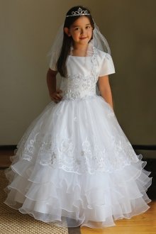 White Taffeta and Organza Communion Dress MDR1432-WH